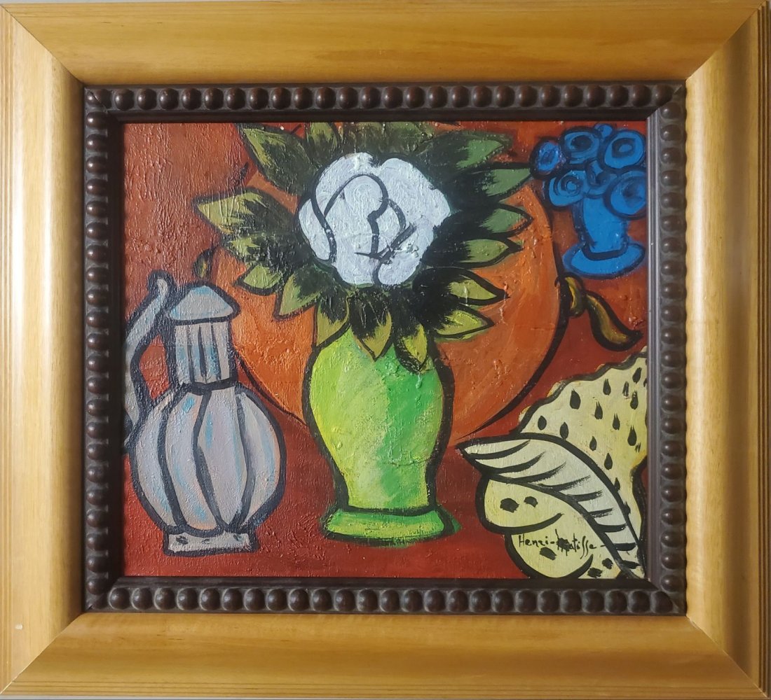 Henri Matisse Still Life Interior French Oil Canvas: The lot consist of a hand-painted oil on canvas still life interior in the style of Henri Matisse.Henri Matisse (French, 1869-1954) was a French artist, known for both his use of colour and his fluid 