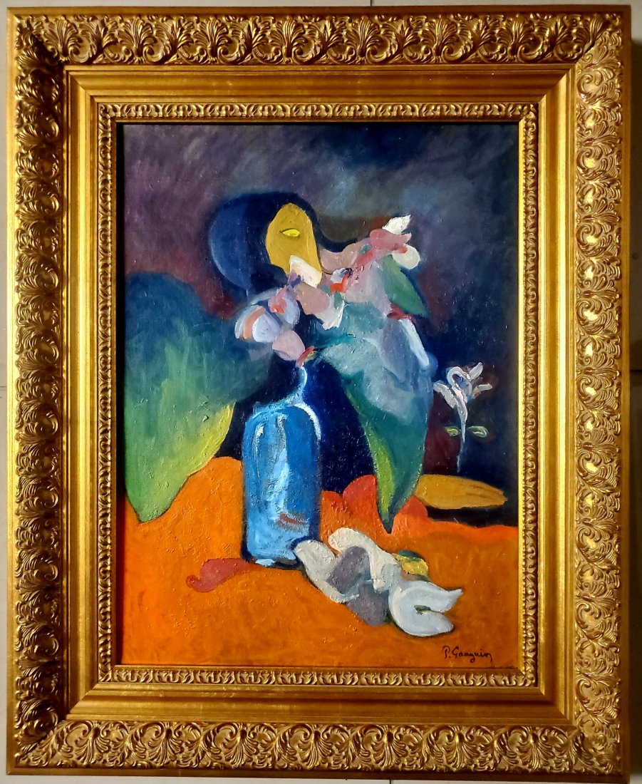 Paul Gauguin Still Life Flowers Portrait French Oil: This lot consists of a hand-painted oil on canvas over board. It depicts a beautiful impressionist still life with with a surrealist figure in the background in Gauguin's distinct style. In the style 
