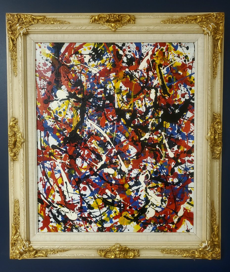 Jackson Pollock Abstract American Expressionism Canvas: This lot consists of a oil on canvas painting. Done in the prevailing, abstract expressionist style of Jackson Pollock (American, 1912-1956). Paul Jackson Pollock was an American painter and a major f