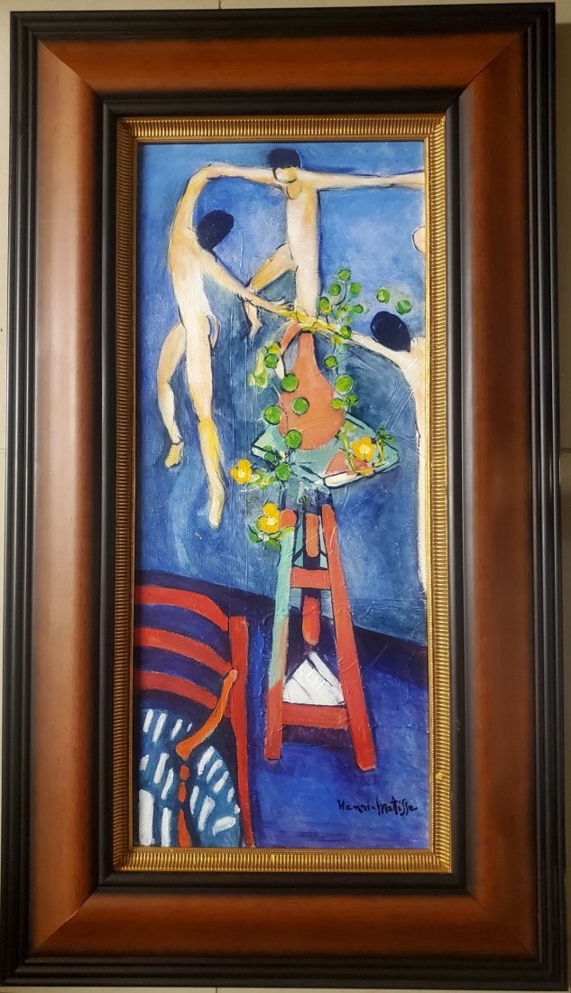 Henri Matisse Circus Female Ballerina French Oil Canvas: The lot consist of a hand-painted oil on canvas interior female dancers ballerinas (circus theme) in the style of Henri Matisse.Henri Matisse (French, 1869-1954) was a French artist, known for both hi