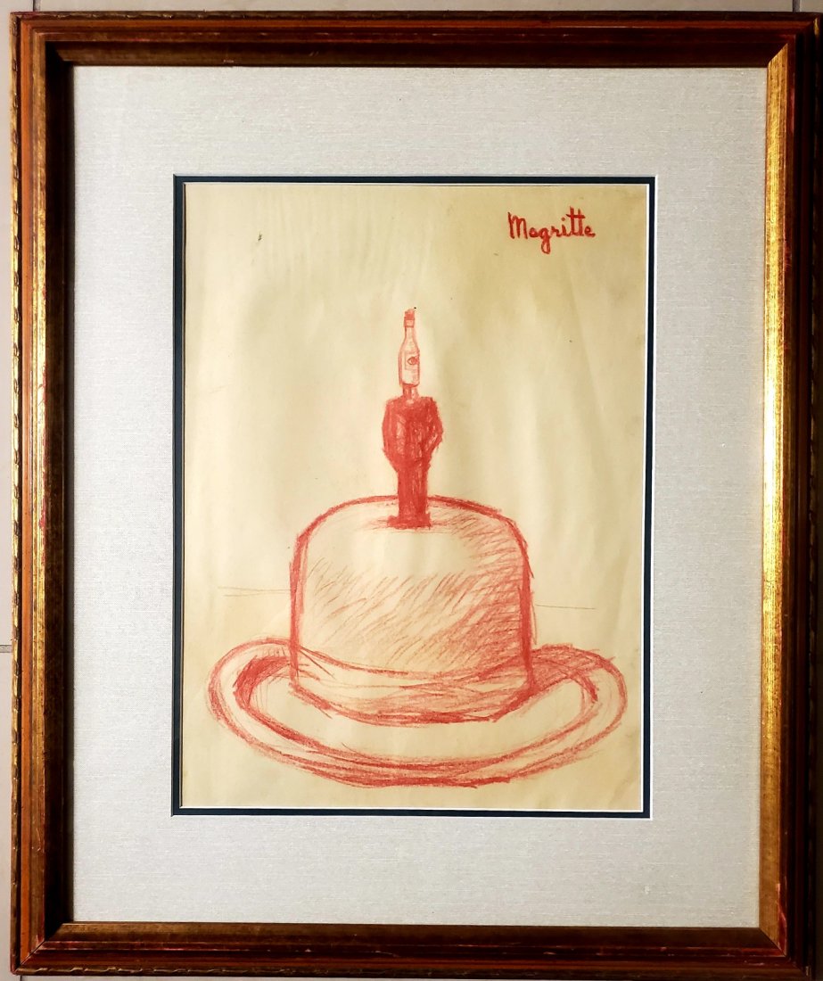 Rene Magritte Surrealist Hat Gentleman: This lot consists of a hand-Drawn surrealism man mixed media on paper in the style of Rene Magritte. T Rene Franois Ghislain Magritte (21 November 1898 -15 August 1967) was a Belgian surrealist artist