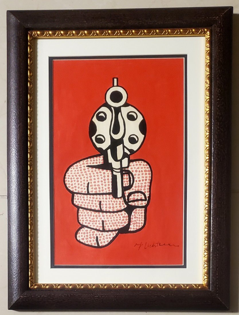 Roy Lichtenstein Pop Art Gun American Andy Warhol Era.: This lot consists of a hand painted mixed media on hard paper pop art in the style of Roy Lichtenstein. Roy Fox Lichtenstein (October 27, 1923 - September 29, 1997) was an American pop artist. During