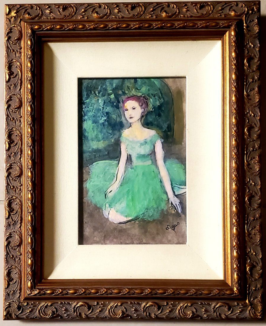 Edgar Degas Ballerina Dancer Impressionist French: This lot consists of a hand painted mixed media on paper in the style of Edgar Degas (1834-1917). Edgar Degas was born Hilaire-Germain-Edgar De Gas, was a French artist famous for his paintings, sculp