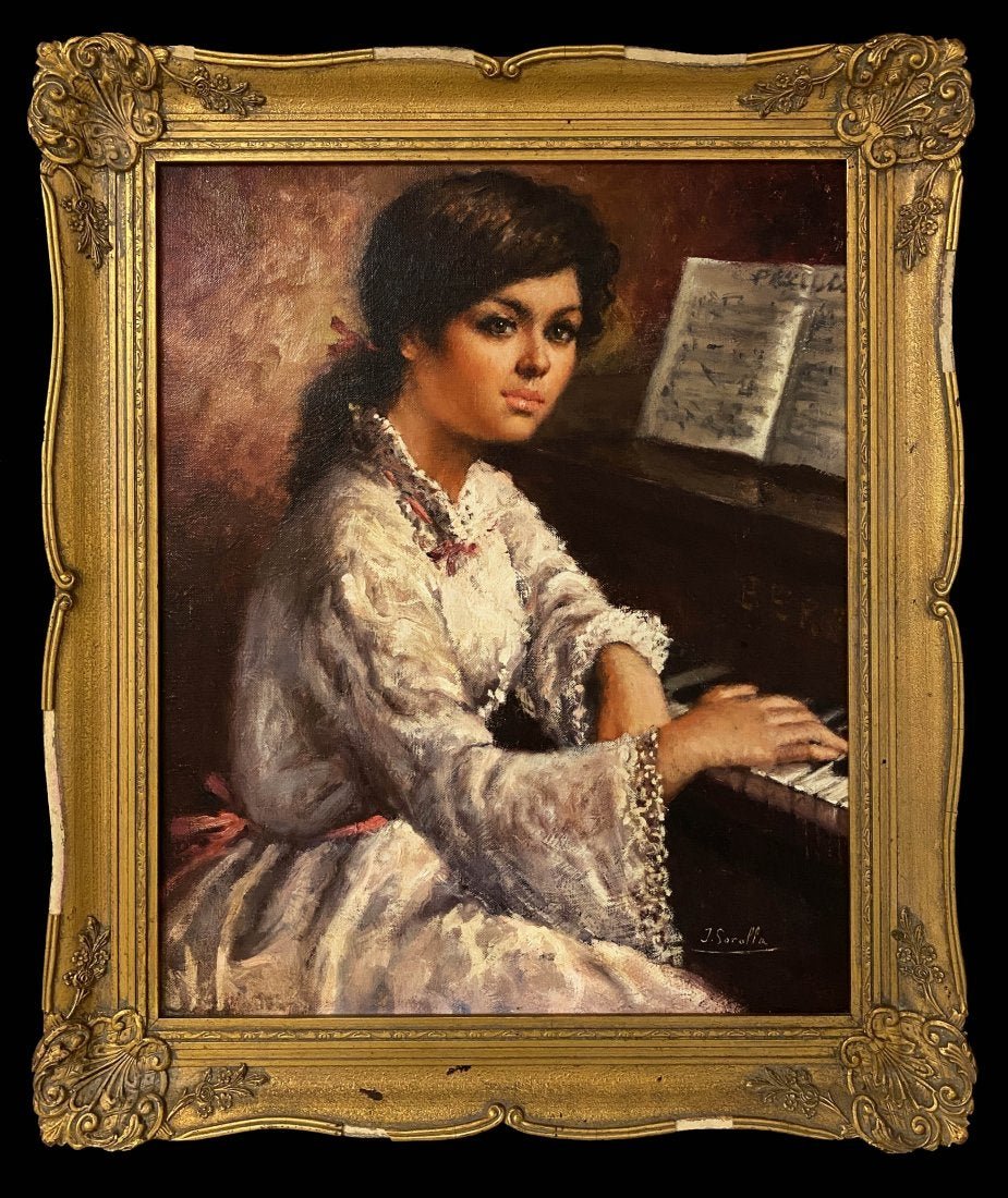 JOAQUIN SOROLLA Y BASTIDA FEMALE PORTRAIT OIL CANVAS: This lot consists of an oil on canvas painting in the style of Joaquin Sorolla y Bastidas. It has been part of the same collection for over 50 years. The lot depicts a young lady playing piano from a 