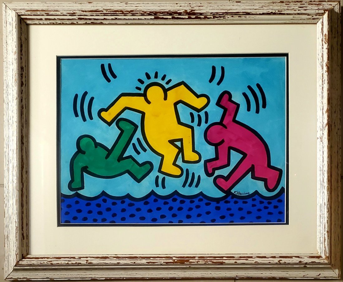 Keith Haring Pop Art Expressionist New York 1980\: This lot consists of a hand-painted mixed media on hard paper in the style of Keith Haring (American, 1958-1990). Keith Haring was an American artist and social activist whose work responded to the Ne