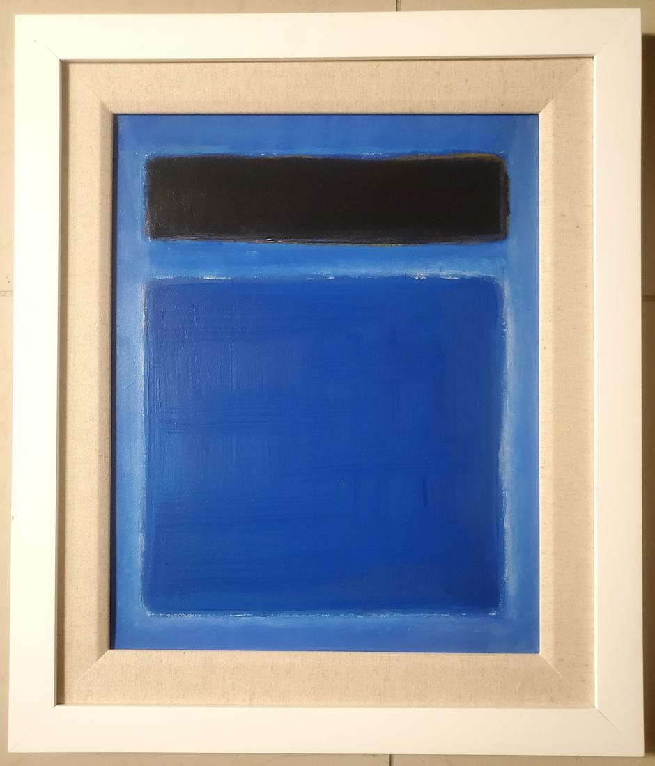 Mark Rothko American Abstract Expressionist Oil Canvas: This work consists of a hand painted oil on canvas illustration. Image depicts soft, rectangular forms floating on a stained field of color. This painting is done in the style of Mark Rothko(Russian A