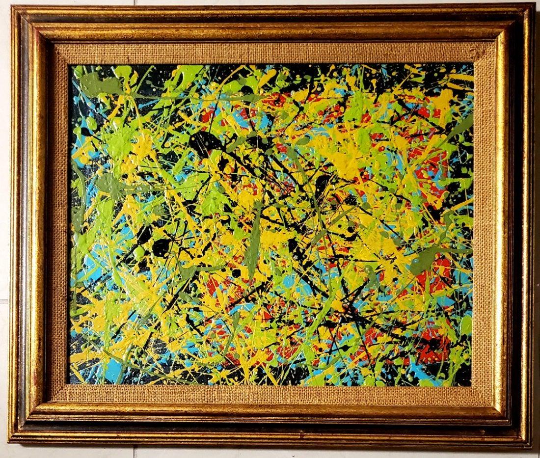 Jackson Pollock Abstract Expressionism Oil Canvas: This lot consists of a oil on canvas painting. Done in the prevailing, abstract expressionist style of Jackson Pollock (American, 1912-1956). Paul Jackson Pollock was an American painter and a major f