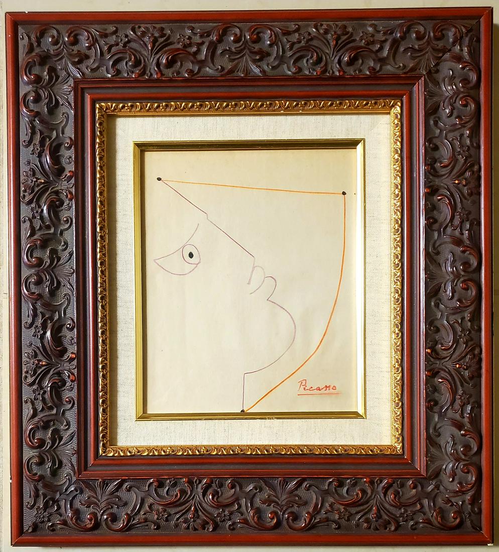 Pablo Picasso Drawing Sketch Portrait Linear Cubist: This lot consists of a hand drawn sketch mixed media on paper in the style of Pablo Picasso. The illustration depicts an abstract linear figure.Pablo Picasso (25 October 1881-8 April 1973) was a Spani