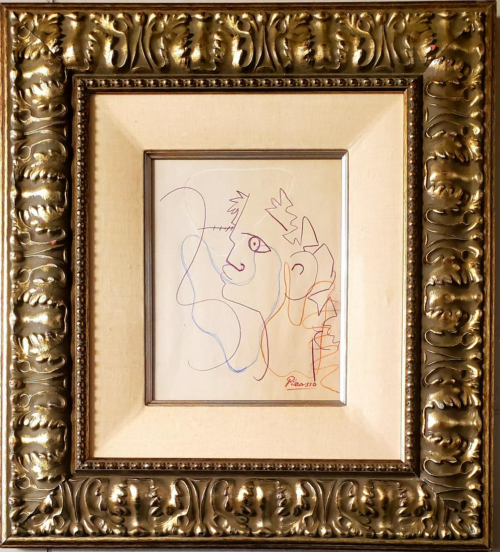 Pablo Picasso Drawing Sketch Spanish Cubist Ink .: This lot consists of a hand drawn sketch mixed media on paper in the style of Pablo Picasso. The illustration depicts an abstract figure.Pablo Picasso (25 October 1881-8 April 1973) was a Spanish pain