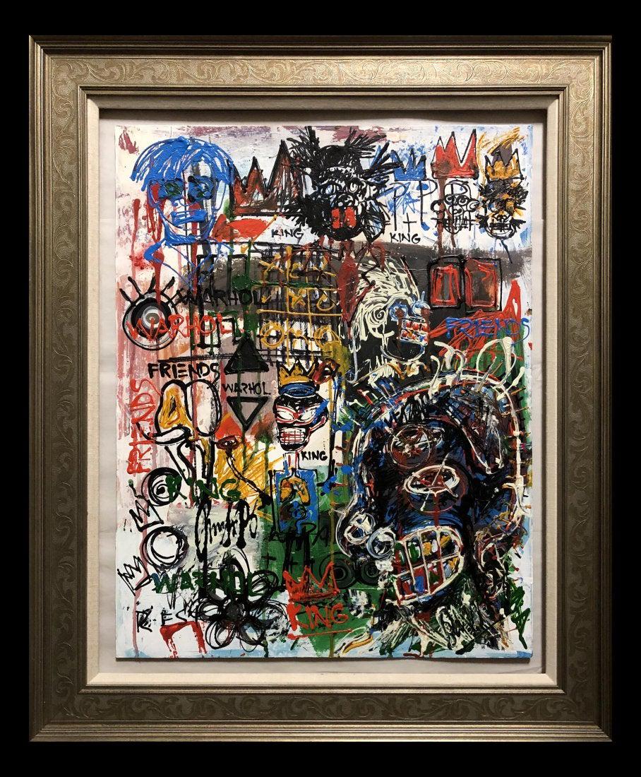 Jean-Michel Basquiat Graffiti Abstract Expressionist: This lot consists of a hand-painted mixed media on hard board in the style of the elusive modern street artist, Jean-Michel Basquiat (American, 1960-1988). Jean Michel Basquiat was an American artist.