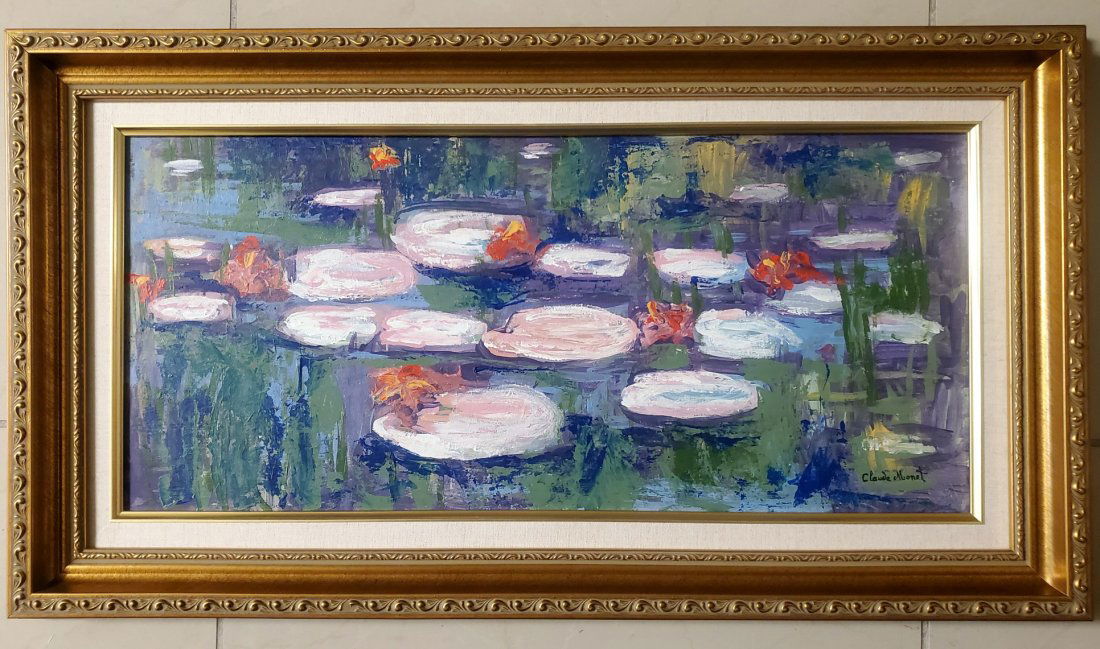 claude Monet landscape French Impressionist lilies Oil: This lot consists of hand painted impressionism oil hard board in the style of Claude Monet. Oscar Claude Monet (14 November 1840 - 5 December 1926) was a founder of French Impressionist painting, and