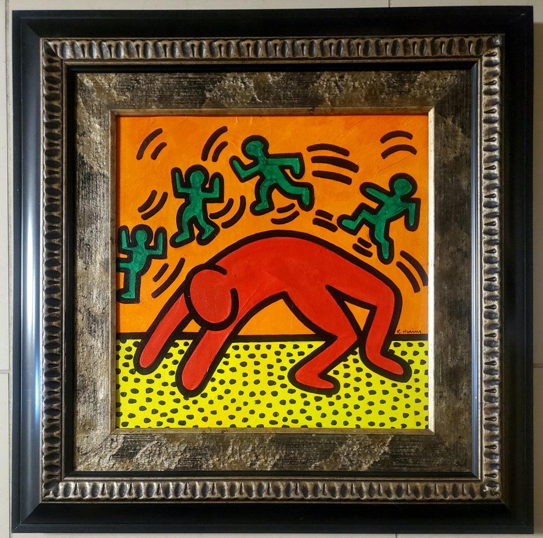 Keith Haring Pop Art Expressionist N.Y 80: This lot consists of a hand-painted oil on canvas in the style of Keith Haring (American, 1958-1990). Keith Haring was an American artist and social activist whose work responded to the New York City