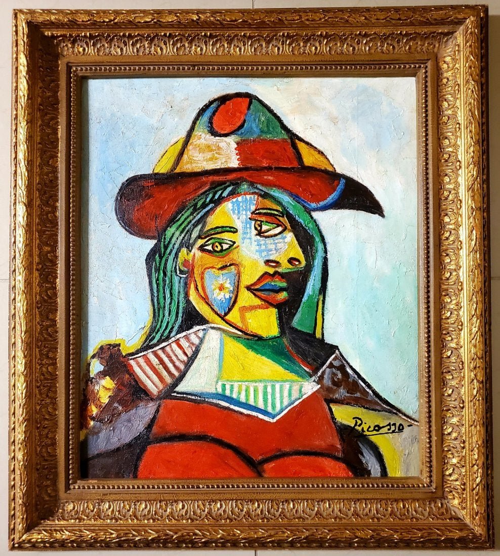 Pablo Picasso Spanish Cubist Female Women Oil Canvas: This lot consists of a hand painted oil on canvas in the style of Pablo Picasso. The illustration depicts the figure of a woman in the famous cubism style. In the painting we can see how the artist us