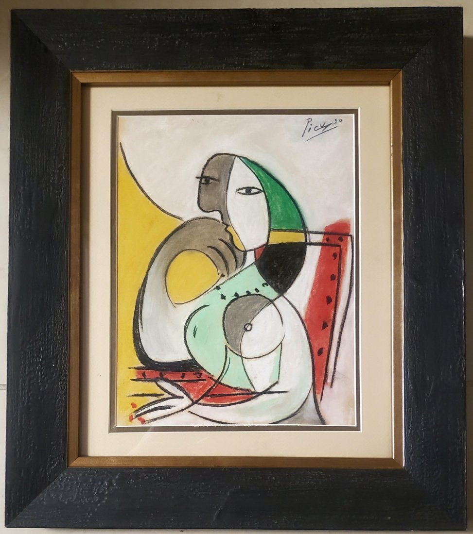 Pablo Picasso Cubist Women Female Spanish Abstract Art: This lot consists of a hand drawn sketch mixed media on paper in the style of Pablo Picasso. The illustration depicts an abstract female figure in the famous cubism style .Pablo Picasso (25 October 18