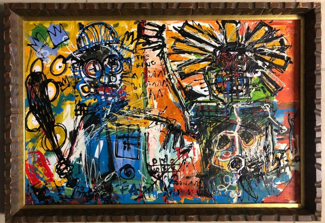 Jean-Michel Basquiat Graffiti Abstract Expressionist: This lot consists of a hand-painted mixed media on board in the style of the elusive modern street artist, Jean-Michel Basquiat (American, 1960-1988). Jean Michel Basquiat was an American artist. Born