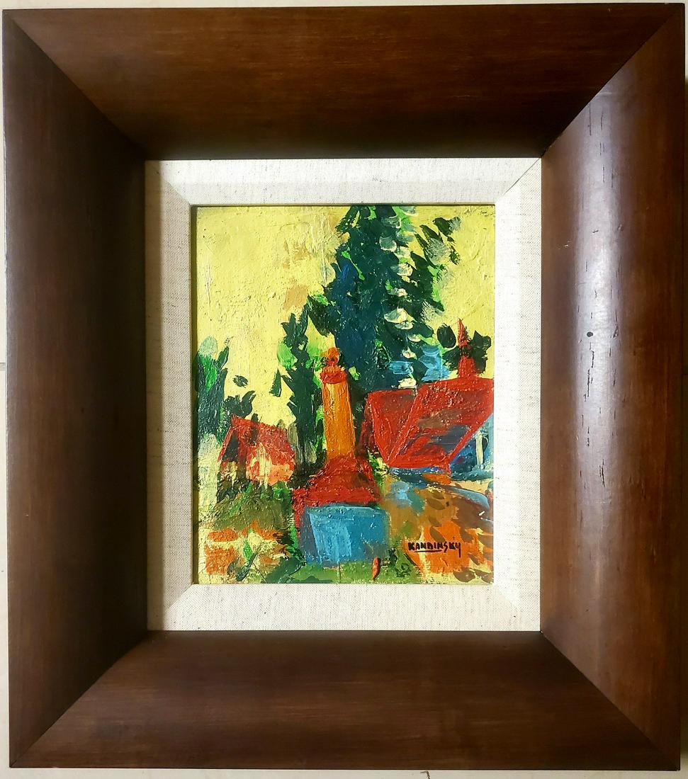 Wassily Kandinsky Russian French Landscape Oil Canvas: This lot consists of a hand painted oil on canvas in the style of Wassily Kandinsky. The illustration depicts a landscape colorful painting. Wassily Kandinsky (1866Ã‚â€“ 1944) was a Russian pa