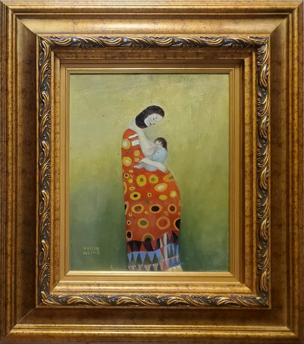 Gustav Klimt Austrian Women Maternity Child Oil Canvas: This lot consists of a hand-painted oil on canvas in the style of Gustav Klimt.It depicts a beautiful portrait of a women and a child.Gustav Klimt(Austrian. 1862-1918) was an Austrian symbolist painte
