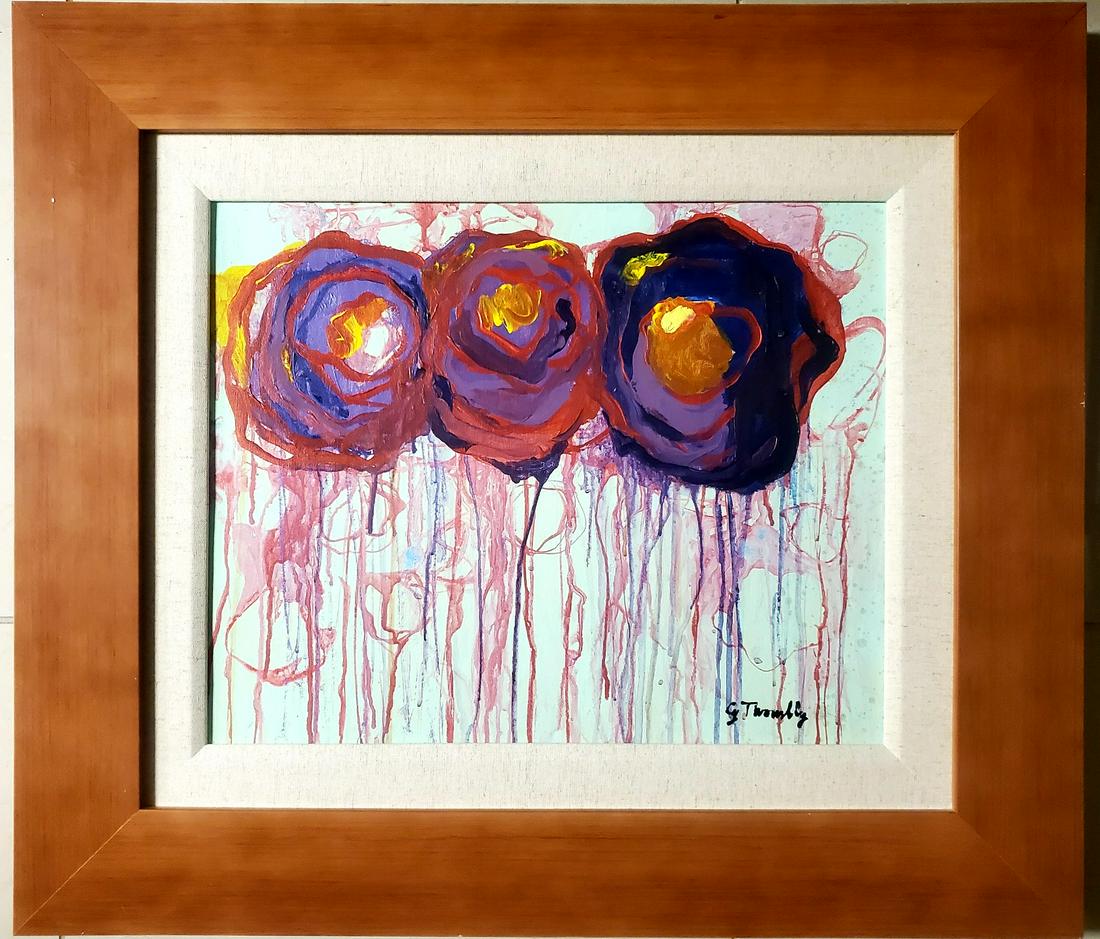 Cy Twombly Flowers Abstract American Expressionist: This lot consists of a hand painted oil on canvas abstract flowers illustration in the style of Cy Twombly (American, 1928-2011). CY TWOMBLY was an American painter, sculptor and photographer. He belo