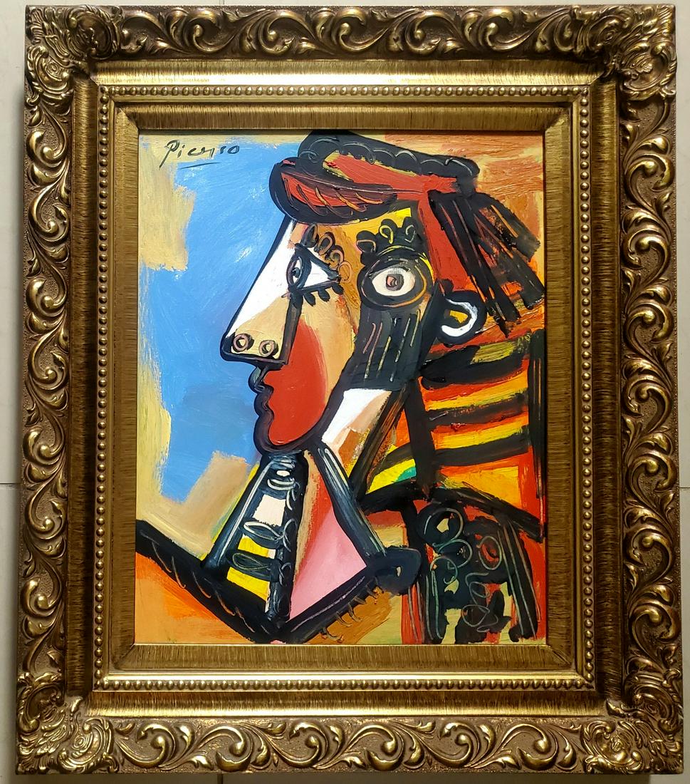 Pablo Picasso Cubist Abstract Women Portrait Oil Canvas: This lot consists of a hand painted oil on canvas in the style of Pablo Picasso. The illustration depicts the figure of a woman in the famous cubism style. In the painting we can see how the artist us