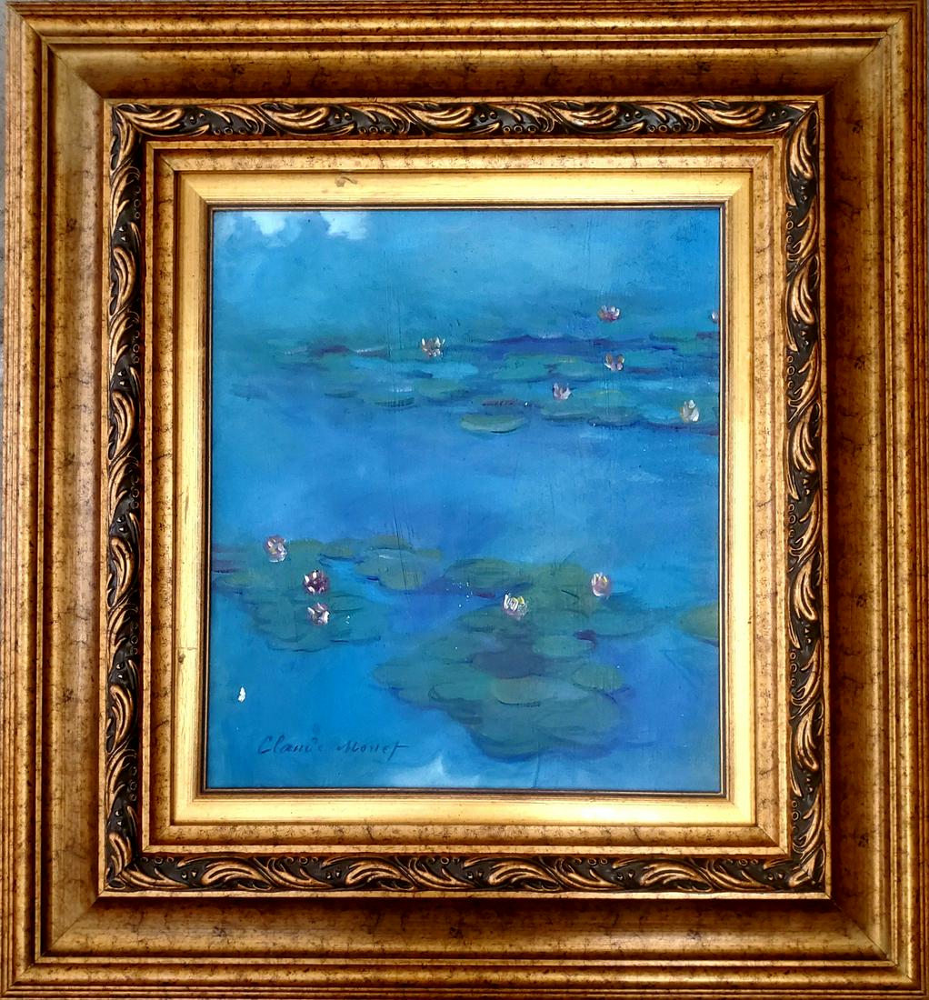 Claude Monet Impressionist Landscape French Lilies Oil: This lot consists of hand painted impressionism oil on canvas in the style of Claude Monet. Oscar Claude Monet (14 November 1840 - 5 December 1926) was a founder of French Impressionist painting, and