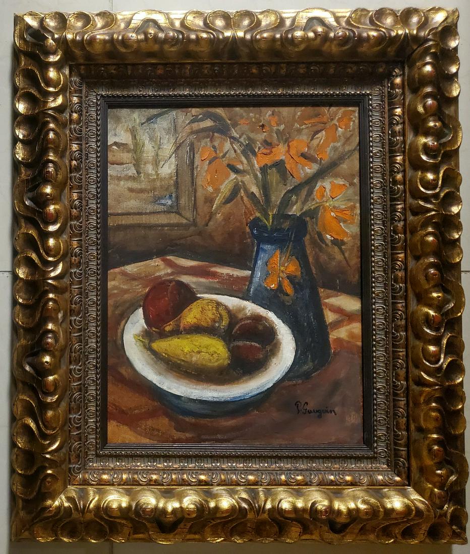 Paul Gauguin Still Life French Impressionist Oil Canv.: This lot consists of a hand-painted oil on canvas. It depicts a beautiful impressionist still life painting in Gauguin's distinct style. In the style of: Henri Paul Gauguin (7 June 1848 - 8 May 1903) 