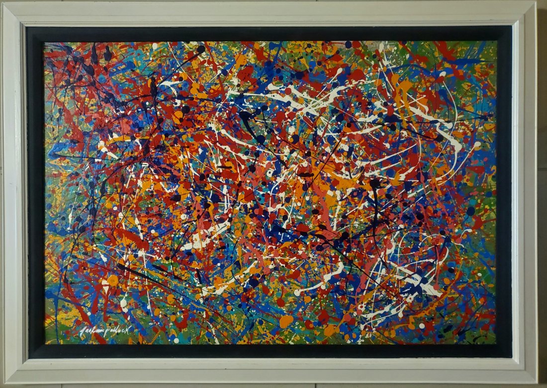 Jackson Pollock Abstract Expressionism Large Oil Canvas: This lot consists of a oil on canvas painting. Done in the prevailing, abstract expressionist style of Jackson Pollock (American, 1912-1956). Paul Jackson Pollock was an American painter and a major f