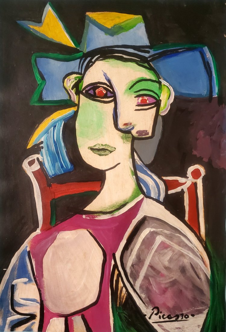 Pablo Picasso Spanish Hand Painted Oil Cubism Female: This lot consists of a hand painted mixed media on carboard in the style of Pablo Picasso. The illustration depicts a figure of a women in the famous cubism period. Pablo Picasso (25 October 1881-8 Ap