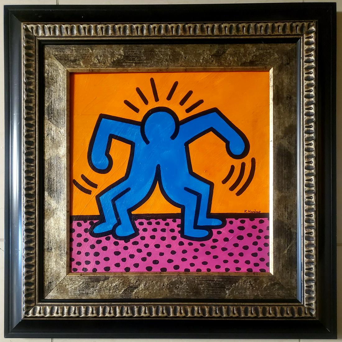 Keith Haring Painting American Pop New York Oil Canvas: This lot consists of a hand-painted oil on canvas in the style of Keith Haring (American, 1958-1990). Keith Haring was an American artist and social activist whose work responded to the New York City