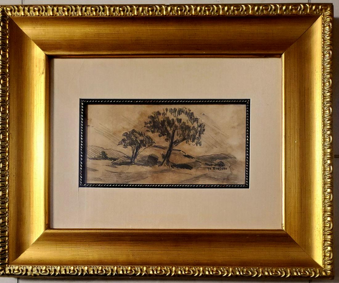 Theodore Rousseau French Landscape Drawing Style Of: This lot consists of a impressionist landscape hand-drawn graphite on paper. The lot is hand signed done in the style of Theodore Rousseau. Pierre Theodore Rousseau (April 15, 1812 -December 22, 1867)