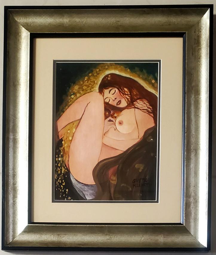 Gustav Klimt Austrian Women Female Nude Body: This lot consists of a hand-painted mixed media on paper in the style of Gustav Klimt.It depicts a beautiful portrait of a women .Gustav Klimt(Austrian. 1862-1918) was an Austrian symbolist painter an