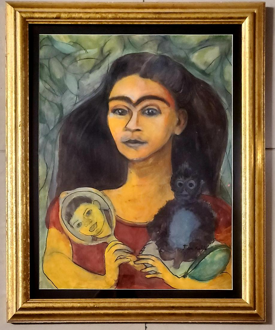 Frida Kahlo Mexican Self Portrait with Diego Rivera: This lot consists of a hand painted mixed media on paper in the naive folk style of Frida Kahlo. Frida Kahlo de Rivera was a Mexican painter known for her self-portraits. Kahlo\'s life began and ended