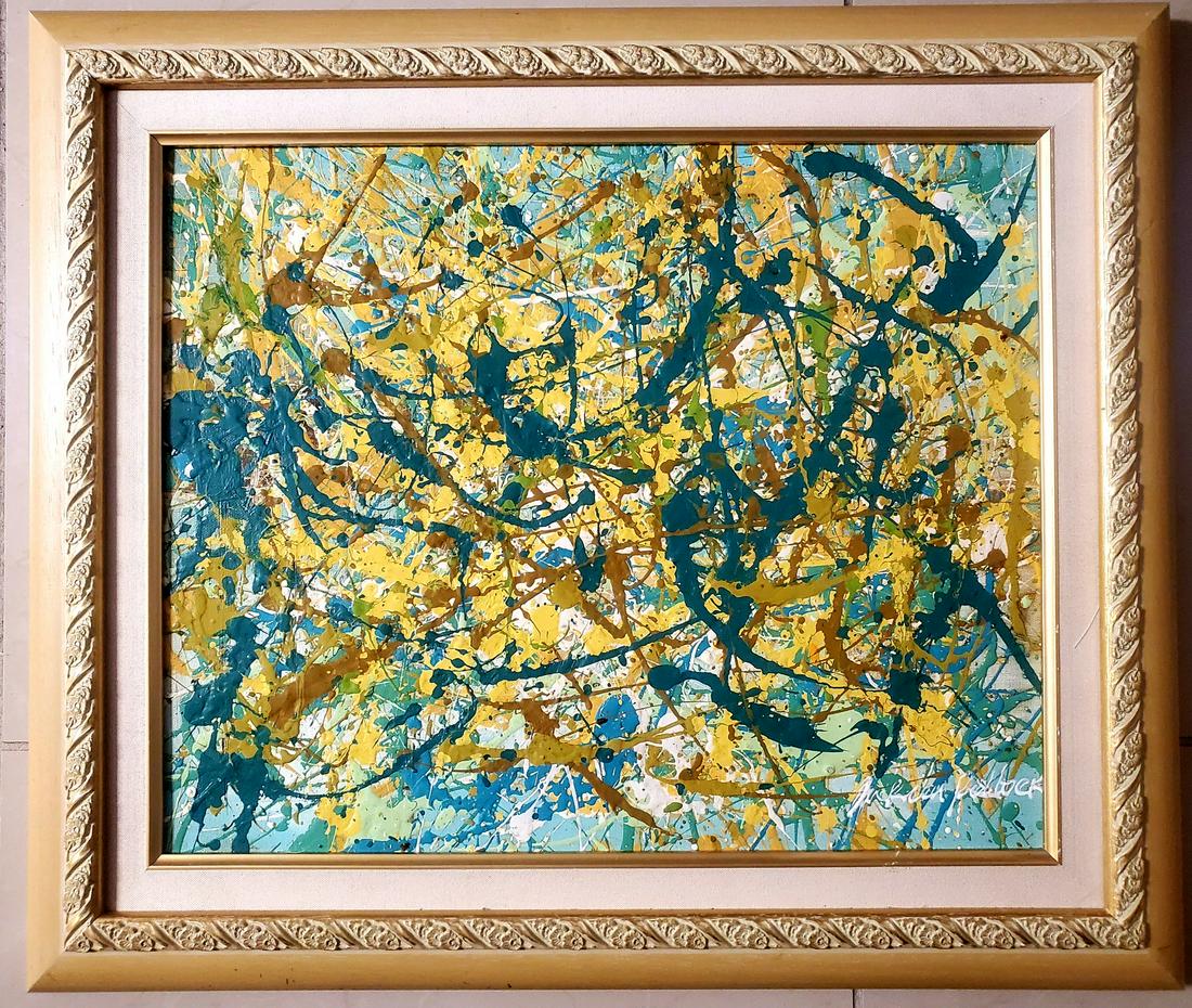 Jackson Pollock Abstract American Expressionism Canvas: This lot consists of a oil on canvas painting. Done in the prevailing, abstract expressionist style of Jackson Pollock (American, 1912-1956). Paul Jackson Pollock was an American painter and a major f
