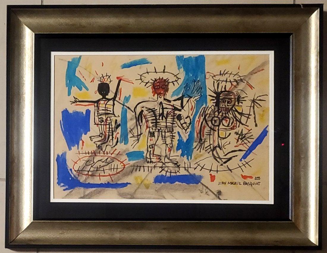 Jean-Michel Basquiat Graffiti Abstract Expressionist: This lot consists of a hand-painted mixed media on paper in the style of the elusive modern street artist, Jean-Michel Basquiat (American, 1960-1988). Jean Michel Basquiat was an American artist. Born