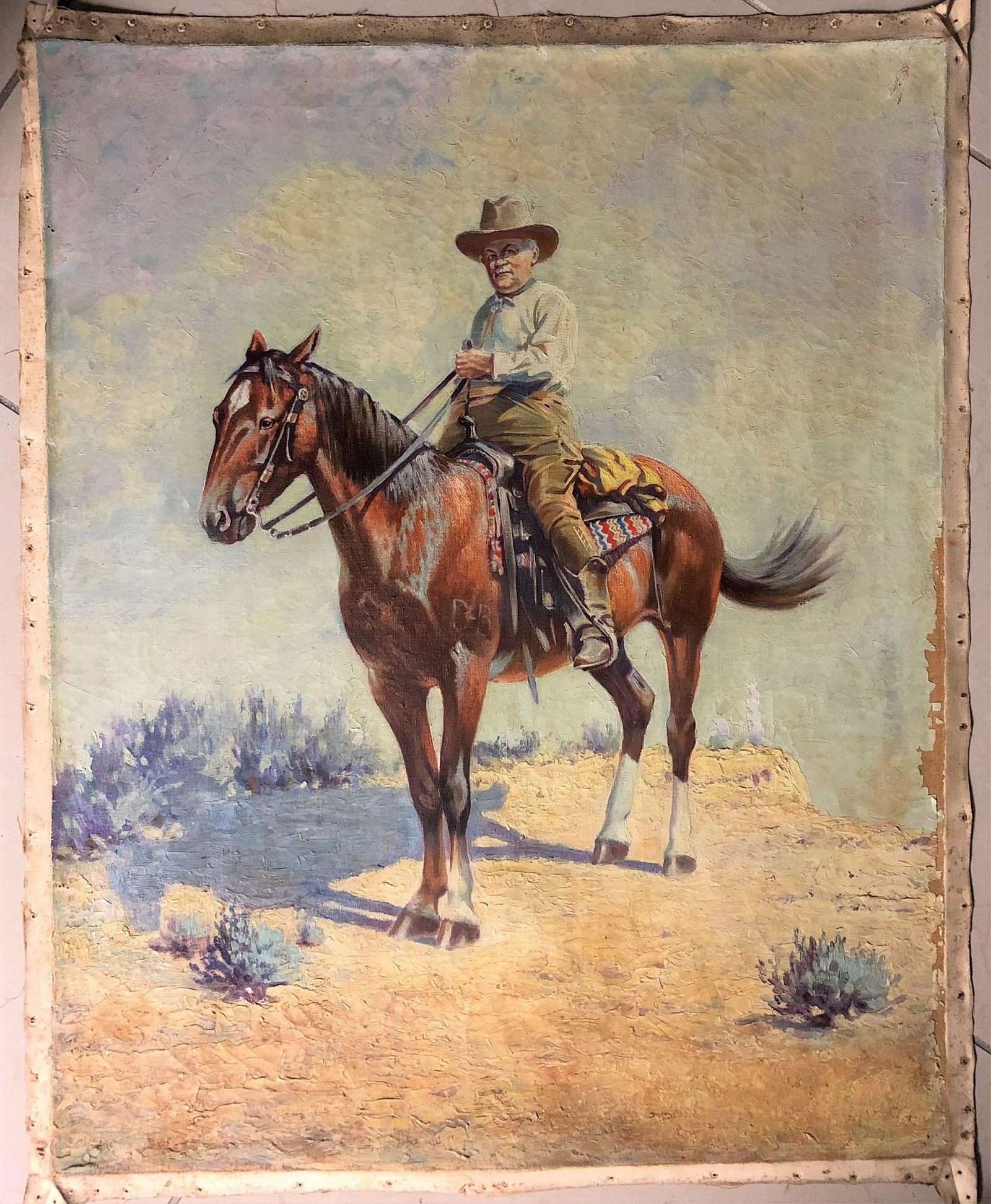 Frank Tenney Johnson Landscape Horse Cowboy Old West: This lot consists hand-painted oil on canvas landscape in the style of Frank T.Johnson.It depicts a horse rider(cowboy) Old American West landscape.Frank Tenney Johnson (June 26, 1874 – January 1, 1