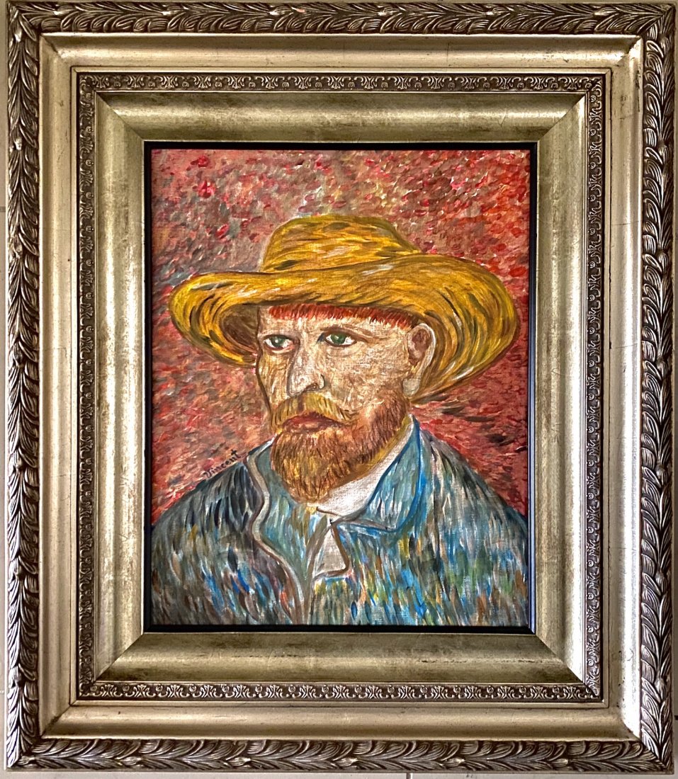 Vincent Van Gogh Still Self Oil Canvas Portrait Man: This lot consists of a hand painted oil on canvas portrait in the style of Vincent Van Gogh (self-portrait)(Dutch, 1853-1980). Vincent Willem van Gogh was a Dutch Post-Impressionist painter who is amo