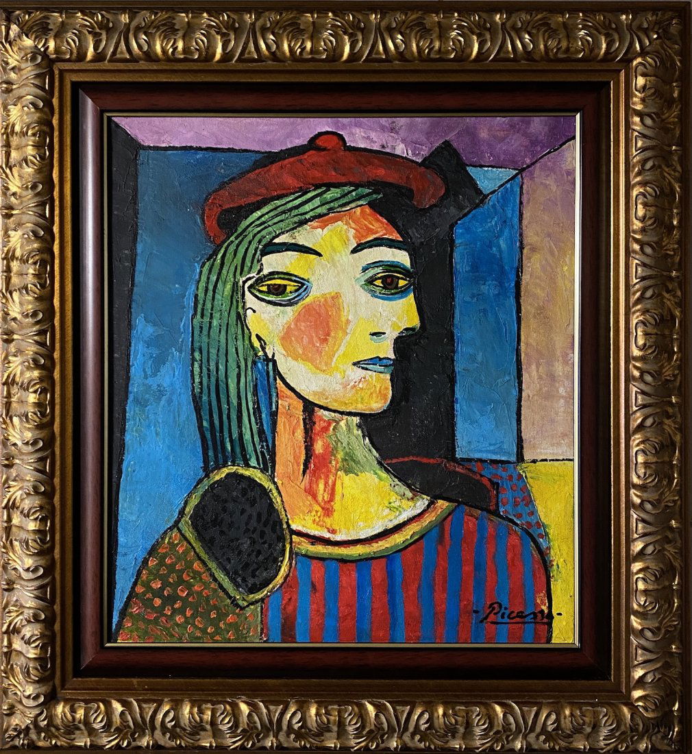 Pablo Picasso Spanish Cubism Female Portrait Oil Canvas: This lot consists of a hand painted oil on canvas in the style of Pablo Picasso. The illustration depicts the figure of a woman in the famous cubism style. In the painting we can see how the artist us