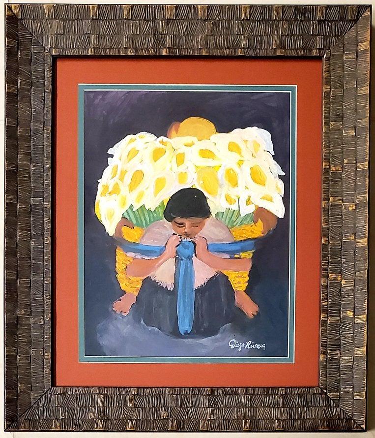 Diego Rivera Mexican Painting Muralist Flowers Vendor: This lot consists of a hand painted mixed media on paper in the style to Diego Maria de la Concepcion Juan Nepomuceno Estanislao de la Rivera y Barrientos Acosta y Rodriguez, known as Diego Rivera (Sp