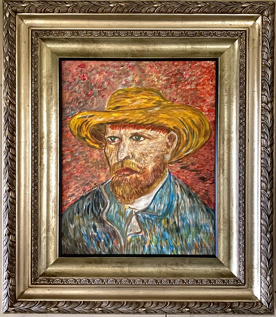 Vincent Van Gogh Still Self Oil Canvas Portrait Man: This lot consists of a hand painted oil on canvas portrait in the style of Vincent Van Gogh (self-portrait)(Dutch, 1853-1980). Vincent Willem van Gogh was a Dutch Post-Impressionist painter who is amo