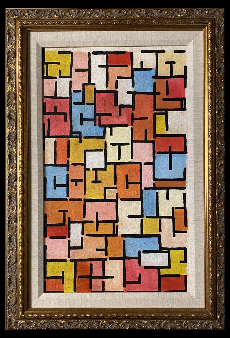 PM Piet Mondrian Painting Bauhaus Dutch Oil Canvas: This lot consists of a hand painted oil on canvas in the style of Piet Mondrian (American, 1960-1988).The painting bears a signature in the lower right corner. Mondrian was a Dutch painter and was a c