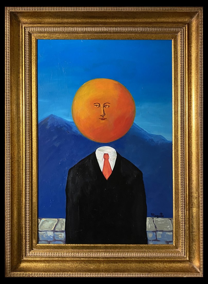 Rene Magritte Surrealist Landscape Belgian Oil Canvas: This lot consists of a hand painted oil on canvas surrealist in the style of Rene Magritte. T Rene Franois Ghislain Magritte (21 November 1898 -15 August 1967) was a Belgian surrealist artist. He beca