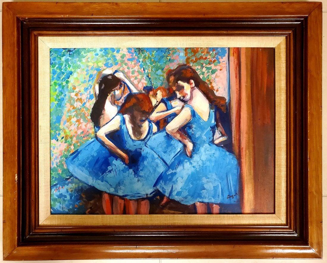 Edgar Degas Oil Canvas Ballerina French Impressionist: This lot consists of a hand painted oil on canvas in the style of Edgar Degas (1834-1917). Edgar Degas was born Hilaire-Germain-Edgar De Gas. He was a French artist famous for his paintings, sculpture