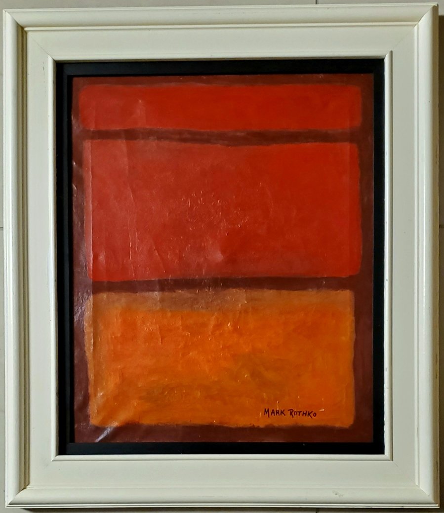 Mark Rothko Abstract Expressionism American Oil Canvas: This work consists of a hand painted oil on canvas illustration. Image depicts soft, rectangular forms floating on a stained field of color. This painting is done in the style of Mark Rothko(Russian A