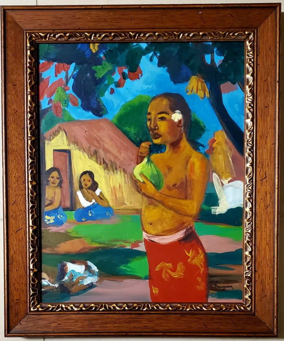 Paul Gauguin Landscape Oil on Canvas Tahiti French Art: This lot consists of a hand-painted oil on canvas. It depicts a beautiful impressionist landscape painting in Gauguin's distinct style. In the style of: Henri Paul Gauguin (7 June 1848 - 8 May 1903) w
