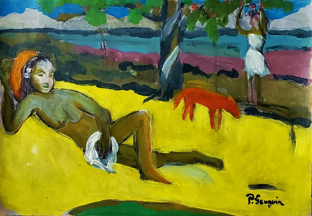 Paul Gauguin Landscape Female Nude Tahiti French Art: This lot consists of a hand-painted mixed media on paper. It depicts a beautiful impressionist landscape painting in Gauguin's distinct style. In the style of: Henri Paul Gauguin (7 June 1848 - 8 May 