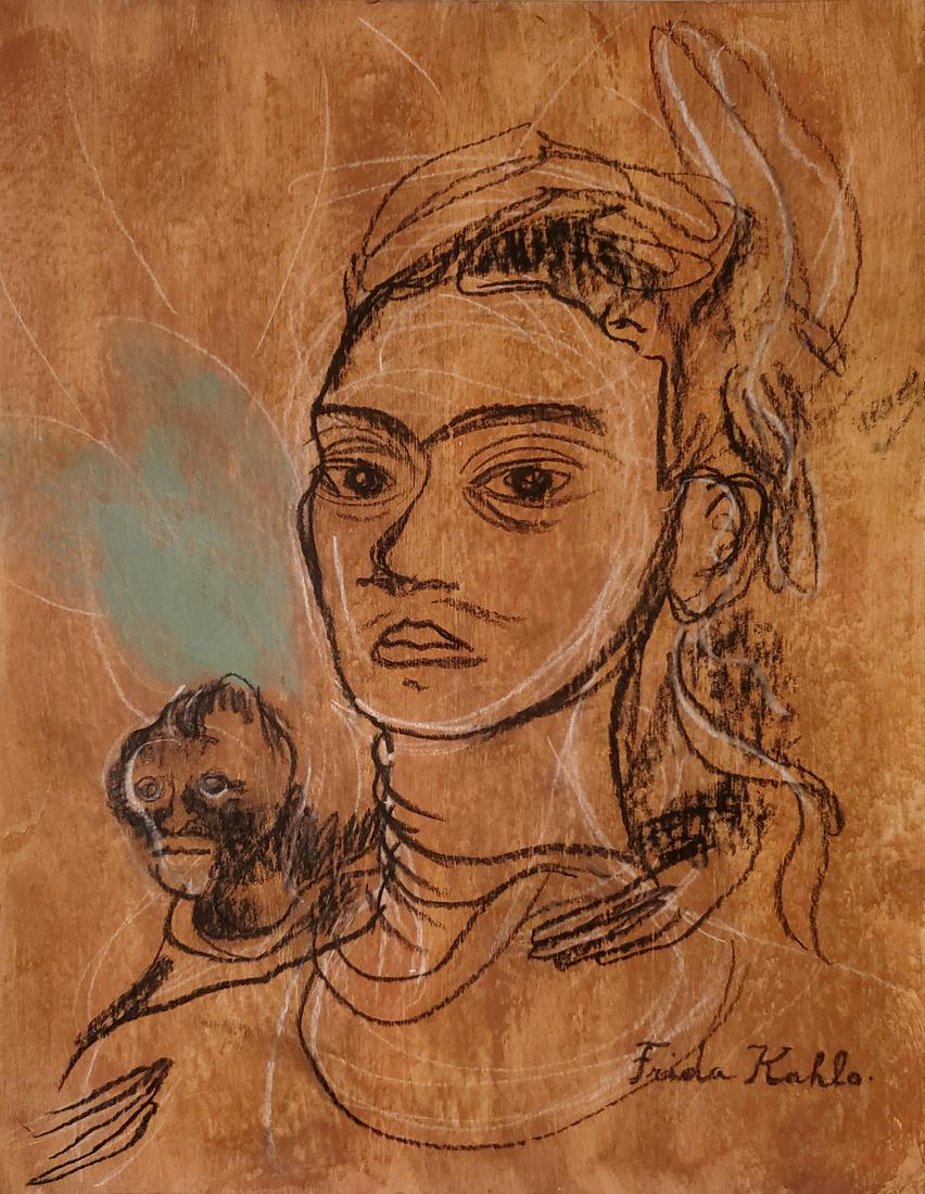 Frida Kahlo hand painted Mexican Art Self Portrait 40s: This lot consists of a hand painted mixed media on cardboard in the naive folk style of Frida Kahlo. Frida Kahlo de Rivera was a Mexican painter known for her self-portraits. Kahlo\'s life began and e