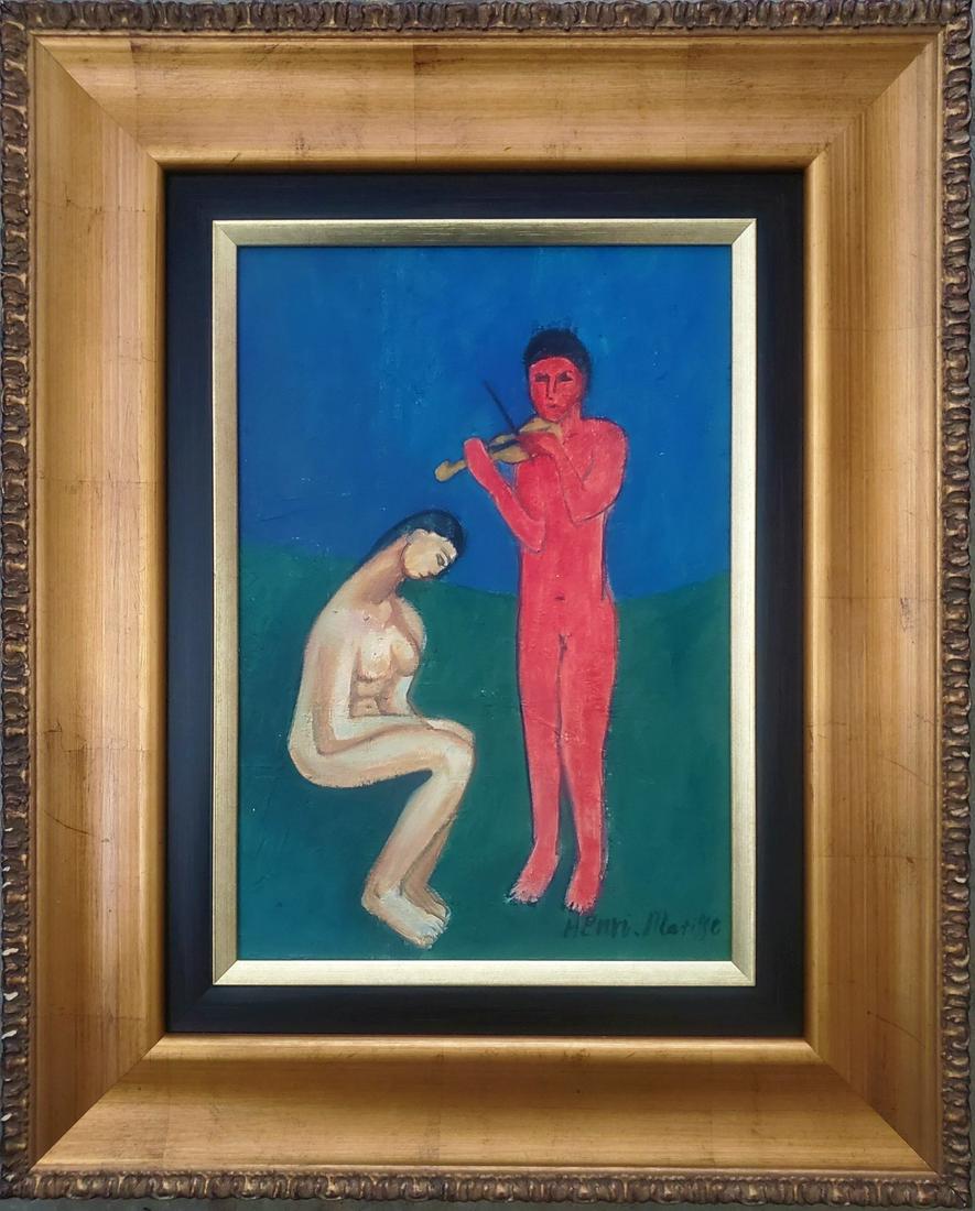 Henri Matisse Women Nude Musician French Oil Canvas: The lot consist of a hand-painted oil on canvas female nude and Male musician in the style of Henri Matisse.Henri Matisse (French, 1869-1954) was a French artist, known for both his use of colour and 
