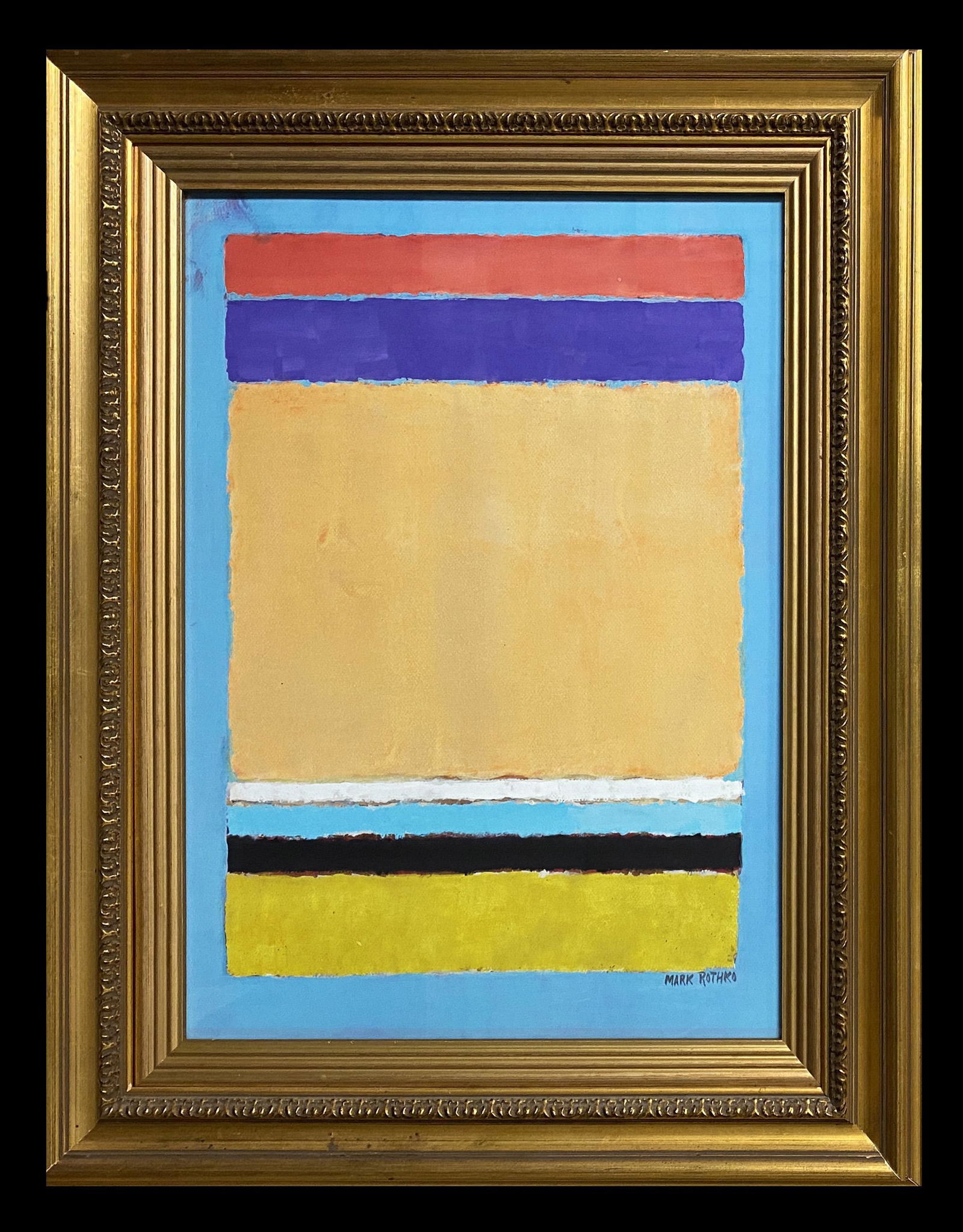 Mark Rothko Large American Abstract Expressionist: This work consists of a hand painted mixed media on paper illustration. Image depicts soft, rectangular forms floating on a stained field of color. This painting is done in the style of Mark Rothko(Ru
