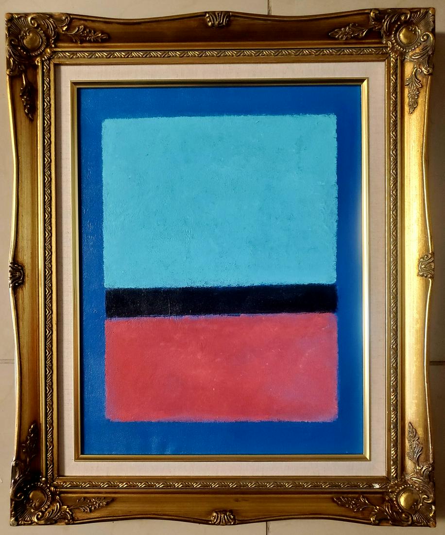 Mark Rothko American Abstract Expressionist Oil Canvas: This work consists of a hand painted oil on canvas illustration. Image depicts soft, rectangular forms floating on a stained field of color. This painting is done in the style of Mark Rothko(Russian A