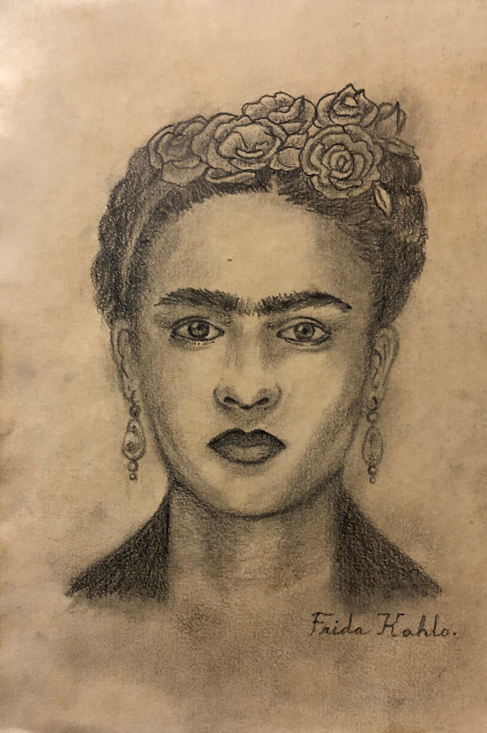 Frida Kahlo Drawing Graphite Portrait: This lot consists of a hand drawn graphite on paper in the naive folk style of Frida Kahlo. Frida Kahlo de Rivera was a Mexican painter known for her self-portraits. Kahlo\'s life began and ended in M