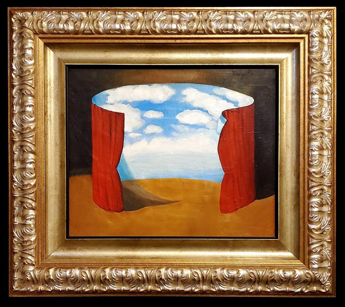 Rene Magritte Surrealist Landscape Belgian Oil Canvas: This lot consists of a hand painted oil on panel canvas surrealist landscape in the style of Rene Magritte. T Rene Franois Ghislain Magritte (21 November 1898 -15 August 1967) was a Belgian surrealist